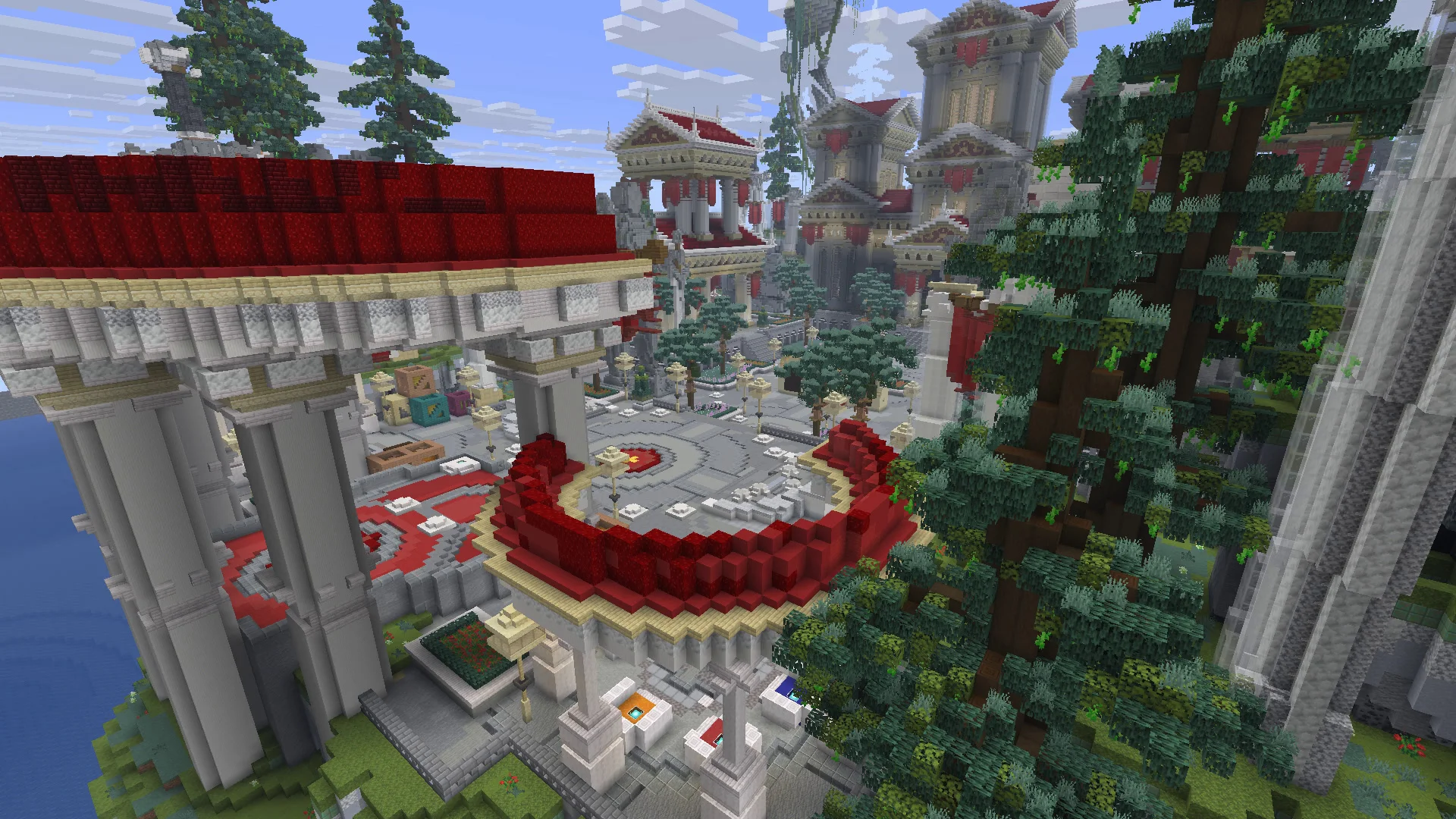 Craftavia Towny spawn: kuşbakışı merkez meydan ve saray