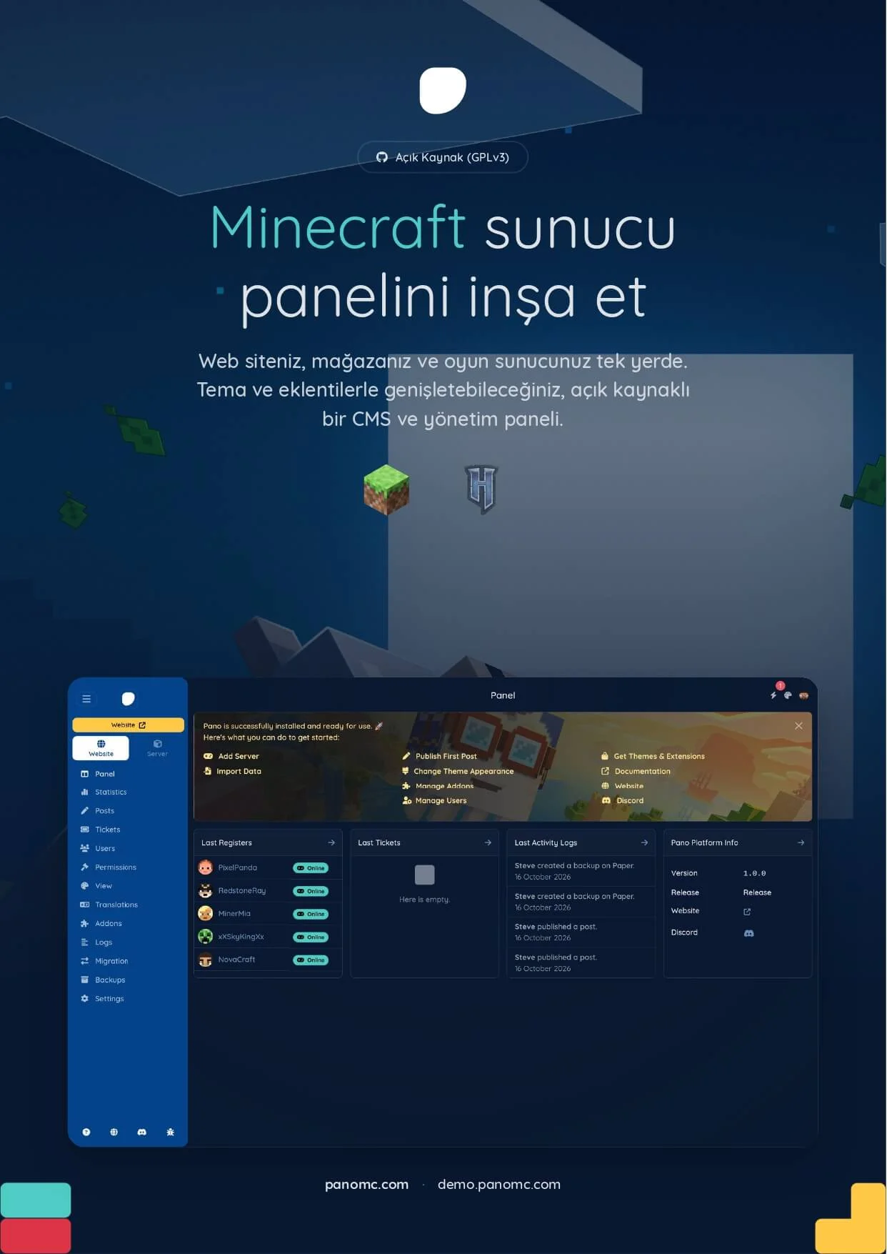 Pano - Minecraft ve Hytale için geliştirilmiş açık kaynaklı sunucu yönetim ve web platformu._...webp