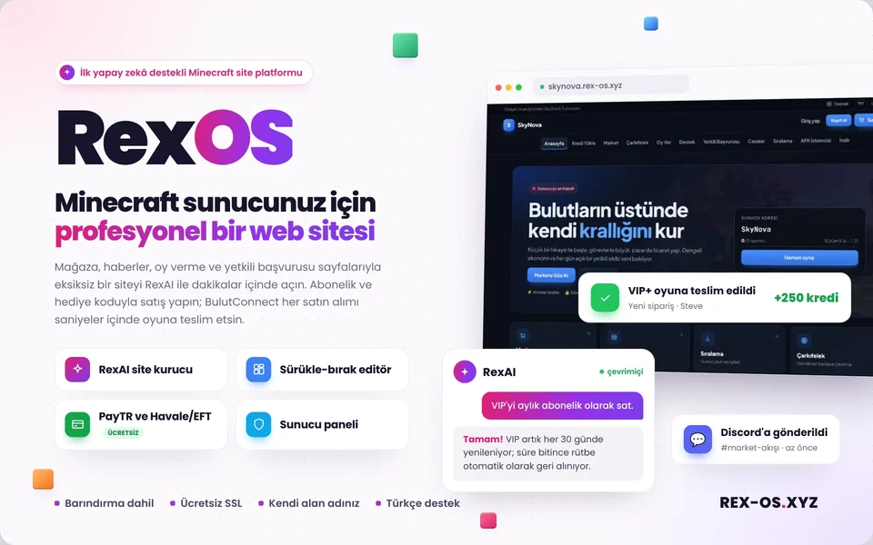 RexOS – Özel Sistemlerle Premium Minecaft Web Yazılımı | Yapay Zeka Destekli Özel Core |