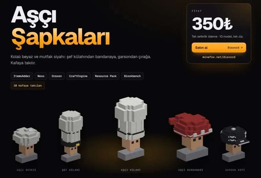 Aşçı Şapkaları | 10 Model | ItemsAdder · Nexo · Oraxen · CraftEngine | 350₺ | Minefox Studio
