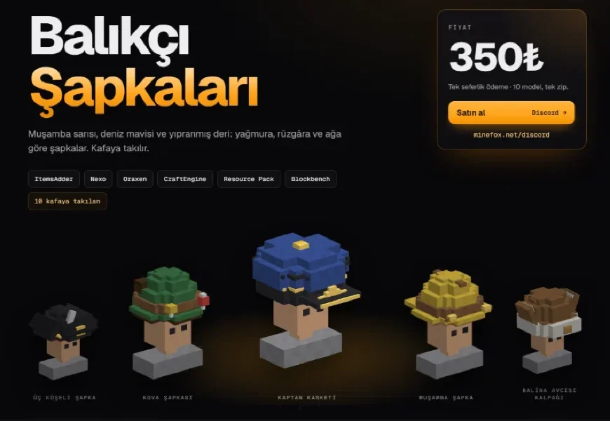 Balıkçı Şapkaları | 10 Model | ItemsAdder · Nexo · Oraxen · CraftEngine | 350₺ | Minefox Studio