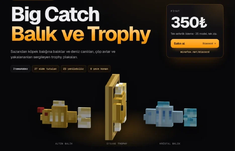 Balık ve Trophy Paketi | 35 Model | ItemsAdder | 350₺ | Minefox Studio