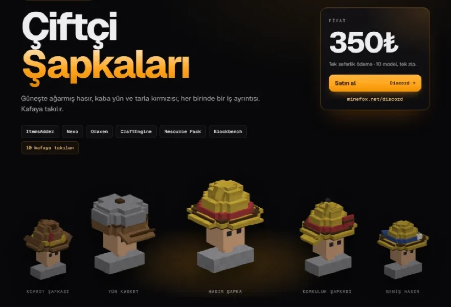 Çiftçi Şapkaları | 10 Model | ItemsAdder · Nexo · Oraxen · CraftEngine | 350₺ | Minefox Studio