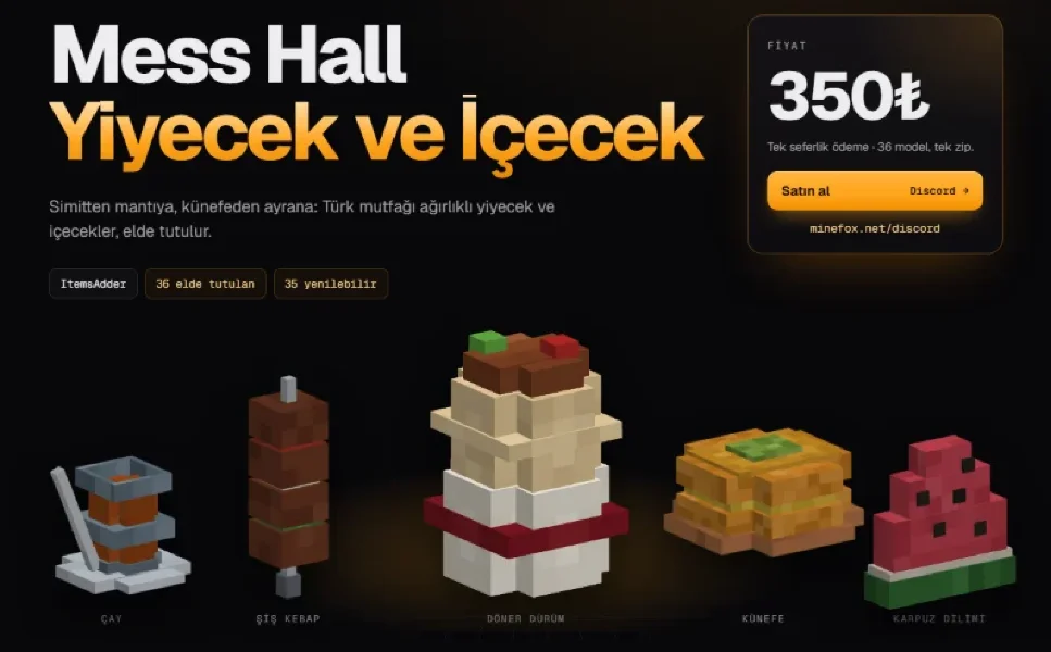 Yiyecek ve İçecek Paketi | 36 Model | ItemsAdder | 350₺ | Minefox Studio