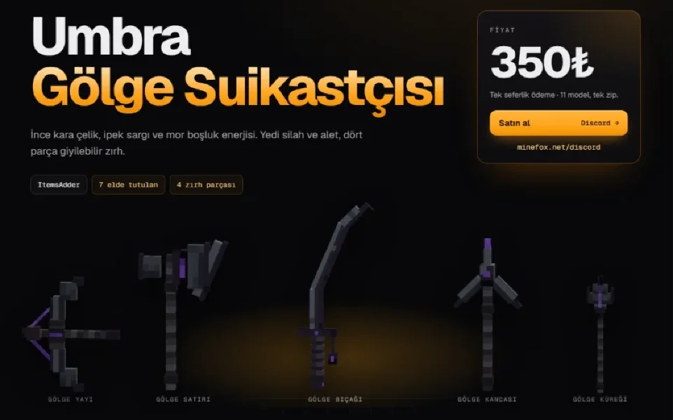 Gölge Suikastçısı Seti | 11 Model | ItemsAdder | 350₺ | Minefox Studio