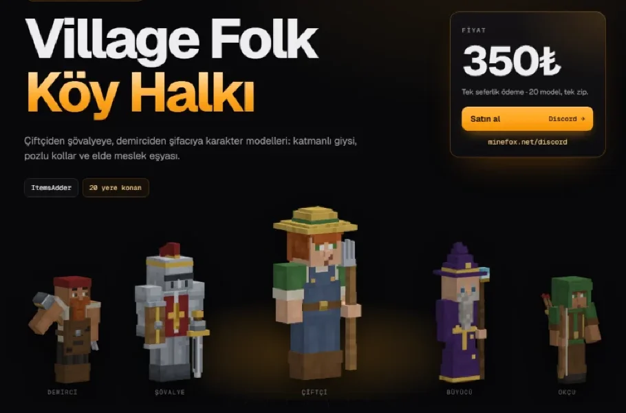 Köy Halkı NPC Seti | 20 Model | ItemsAdder | 350₺ | Minefox Studio