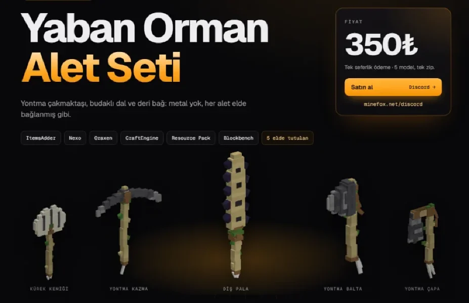 Yaban Orman Alet Seti | 5 Model | ItemsAdder · Nexo · Oraxen · CraftEngine | 350₺